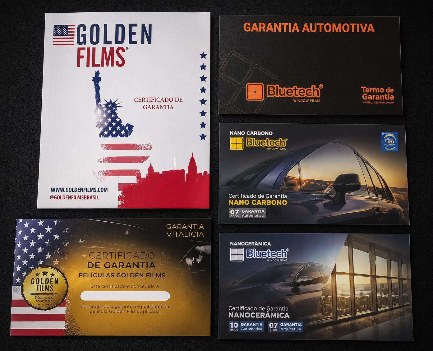 Certificados de garantia Golden Films e Bluetech